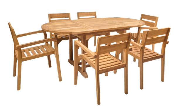 Endorphin Gartenmöbel Set 7tlg. Teakholz, Tisch oval 180cm, ausziehbar mit 6 Stühlen stapelbar